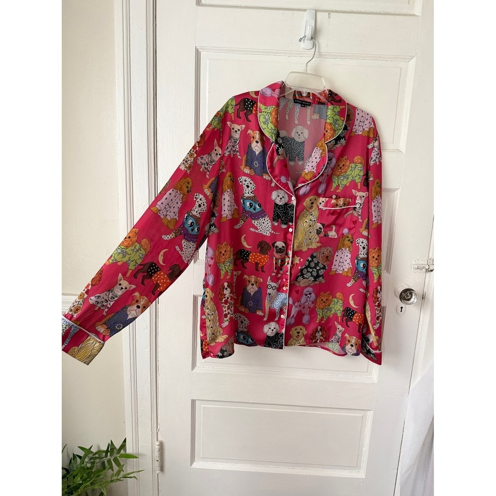 Karen Mabon Pink Dog Print Satin Long Sleeve Pajama Top Button Front XL - Picture 9 of 16